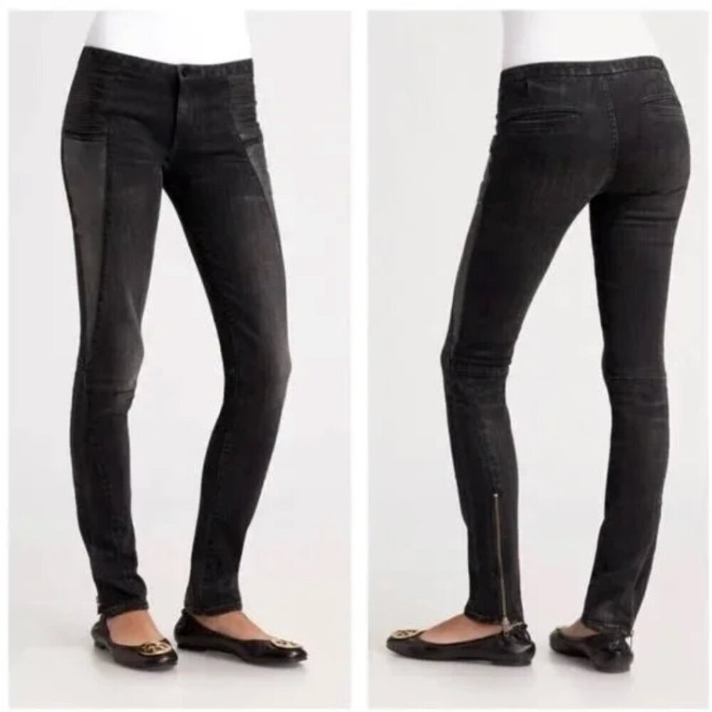 Tory Burch Denim Leggings Pants Jeans Low Rise Leather Trim Skinny Black Size 28